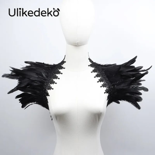 Sexig svart spetsfjädersjal för kvinnor cosplay halloween fjäder axelomslag fjäder falsk krage gotisk punk dam halsdukar Black