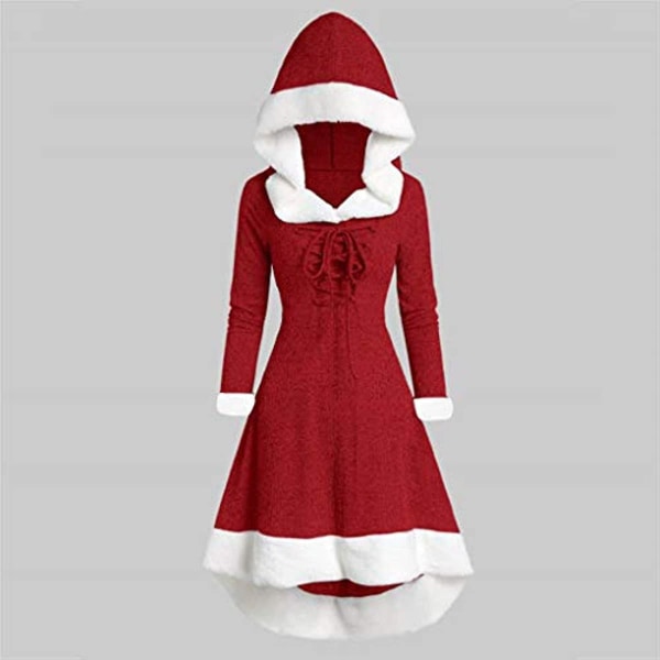 Fksesg Dam Vintage Klänning Vinter Jul Långärmad Patchwork Hood Party Dress A-light Red XX-Large