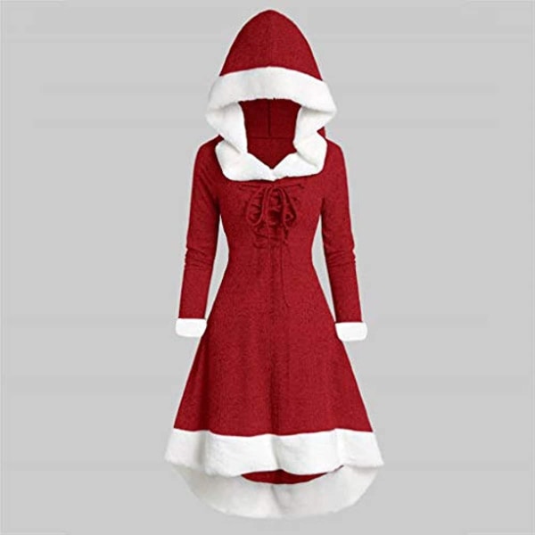 Fksesg Dam Vintage Klänning Vinter Jul Långärmad Patchwork Hood Party Dress H-red Medium