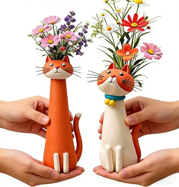 Håndlaget Kattevase, Lunefull Kattepotte for Små Blomster, Boho Skrivebordshylledekor, Unik Gave til Katteelskere (Hvit) E