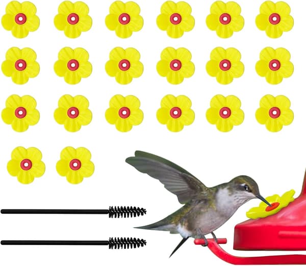 20 sæt kolibrifoderudskiftningsblomster med 2 rengøringsbørster, blomsterfoderdele til udendørs ophængning af kolibrifoder (gul)