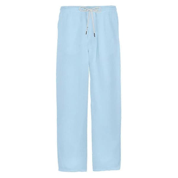 Herr Bomull Linne Byxor Elastisk Midja Casual Strand Yoga Byxor Light blue L