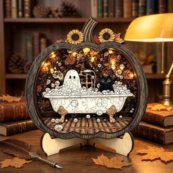 Halloween Sød Spøgelse Træ Græskar Puslespil 3D Halloween Græskar Træ Stiksav Puslespil, Sød Spøgelse & Sort Kat Boblebad DIY Bordplade Håndværkssæt