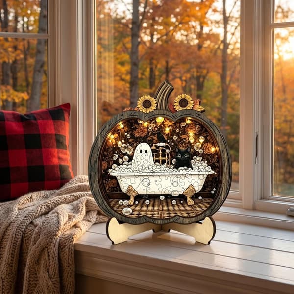 Halloween Sød Spøgelse Træ Græskar Puslespil 3D Halloween Græskar Træ Stiksav Puslespil, Sød Spøgelse & Sort Kat Boblebad DIY Bordplade Håndværkssæt