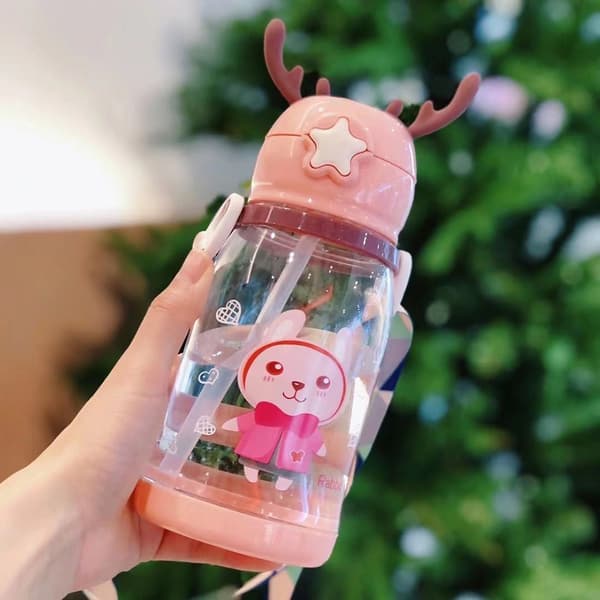 600ml tecknad barnvattenflaska med sugrör och rem Bärbar drickskopp Pink Purple