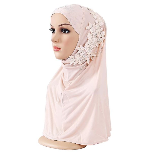 Dam Is Silk Muslim Hijab Spets Applikation Head Wrap Sjal med Strass beige