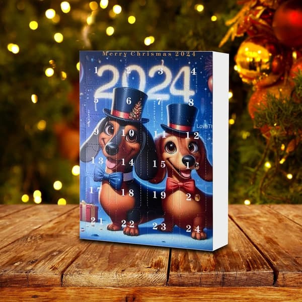 Hunde-adventskalender 2024 - 24 dager med dachs-tema julepynt til kjæledyr