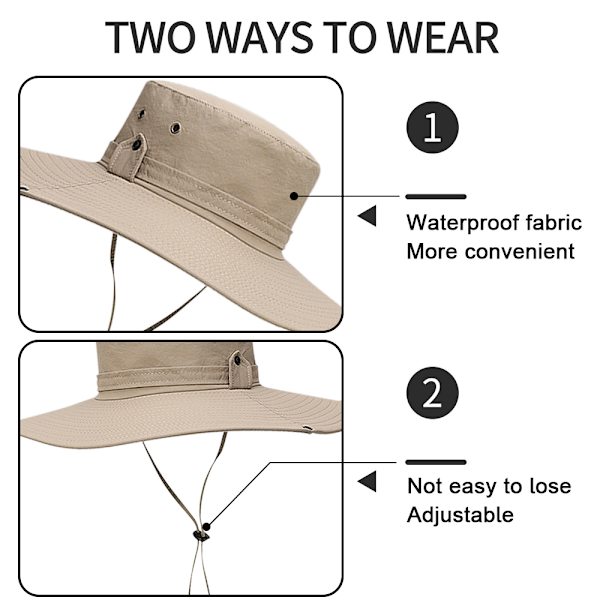 Solhattar med UV-skydd, vandringssafari med bred brättad cap Khaki