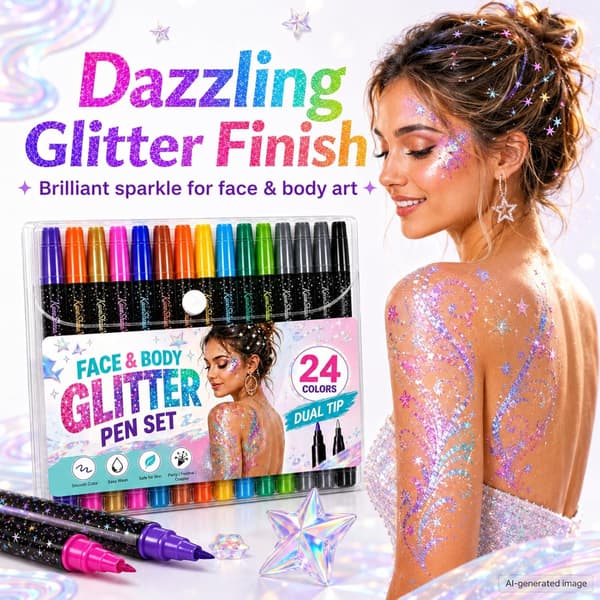 24 värin glittertussisetti kaksoiskärjillä, juhla-meikki