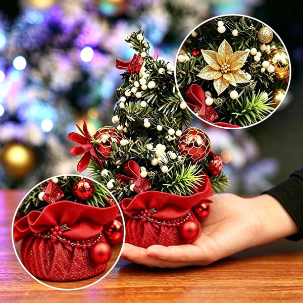 Mini kunstig juletre med røde dekorasjoner og hvite bær, borddekorasjon til jul