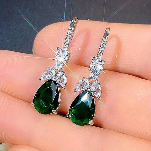 Utsökt droppform grön ädelsten 925 Silverpläterad krok Dangle örhängen för kvinnor Bröllopsörhängen Smycken