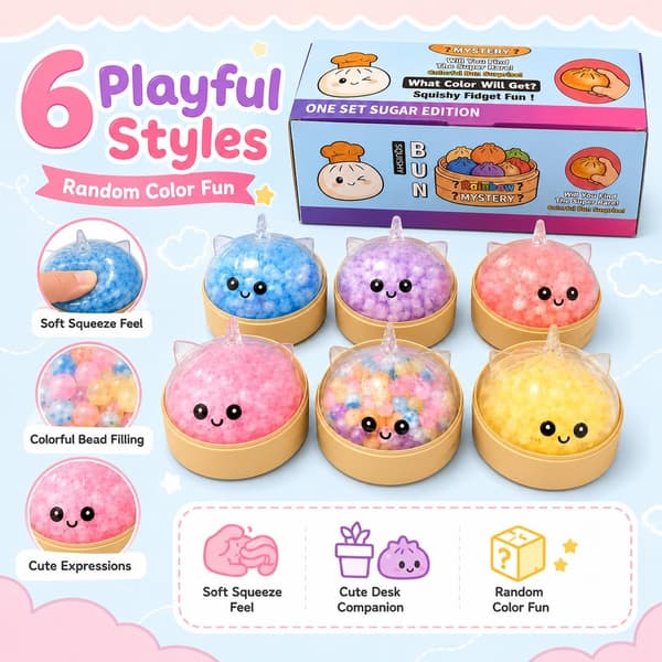 1 stk søt dumpling squishy skrivebordsfidget, fargerike perlefylte klemmevenner, tilfeldig farge