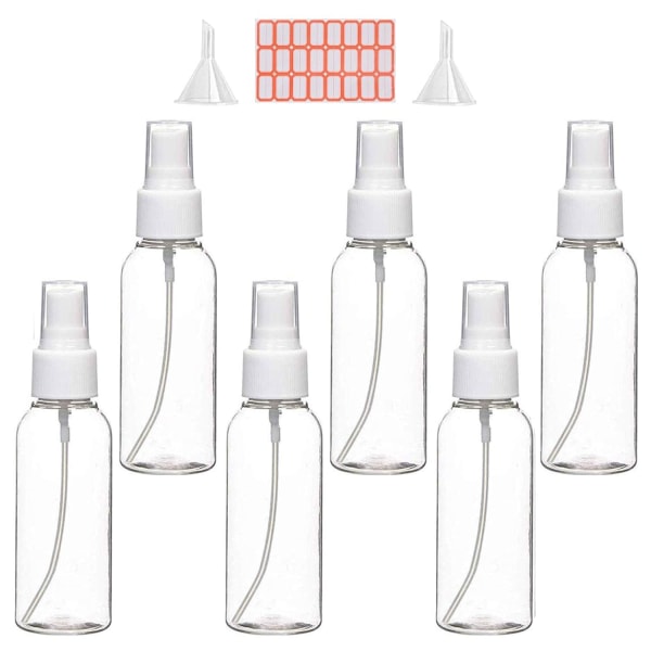 Sprayflaska, 2 oz/50 ml klar tom fin dimma plast mini reseflaska set, liten påfyllningsbar vätskebehållare med 2 trattar och 24 etiketter (pack med 6