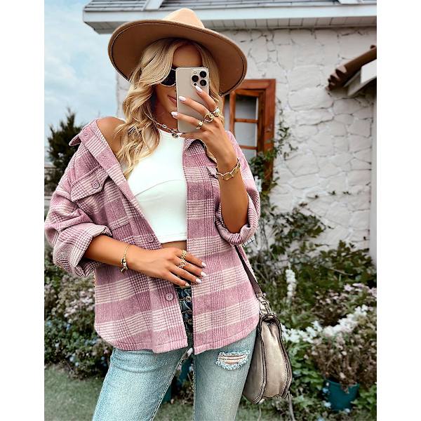 Rural rutig skjorta 2023 Höst- och vinterkofta Lång kappa Topp Dammode Lös Pink XL