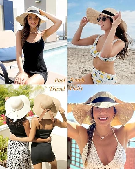 Solhatt for kvinner, bred brem UPF 80 sommerhatt, sammenleggbar, pakkbar, floppy strandhatt for kvinner
