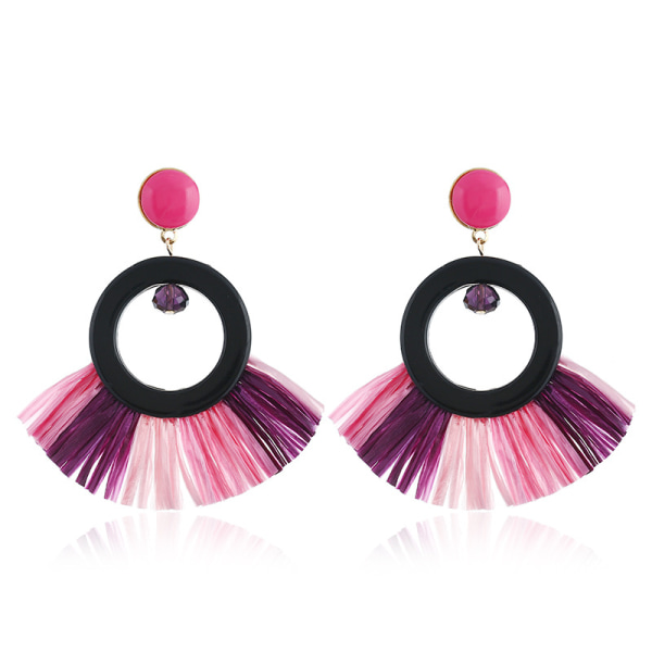 Fashionabla flerfärgade raffiavävda solfjäderformade örhängen i koreansk stil geometriska geometriska örhängen (rosa)