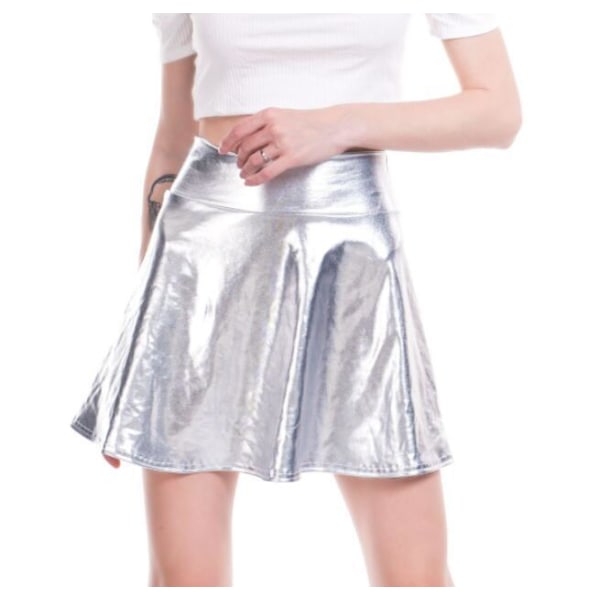 Minikjol i PU-läder för kvinnor Plisserad kjol Nattklubb silver L