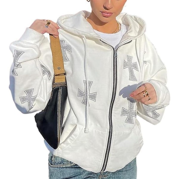 Zip Up Hoodie Sweatshirt för kvinnor Y2k Gothic Print Pullover Cardigan Jacka med ficka white 2XL