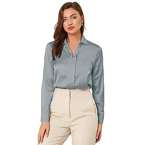 Allegra K Kvinnor S Office Elegant V-ringad blus Långärmad arbetsskjorta Grey Blue X-Large