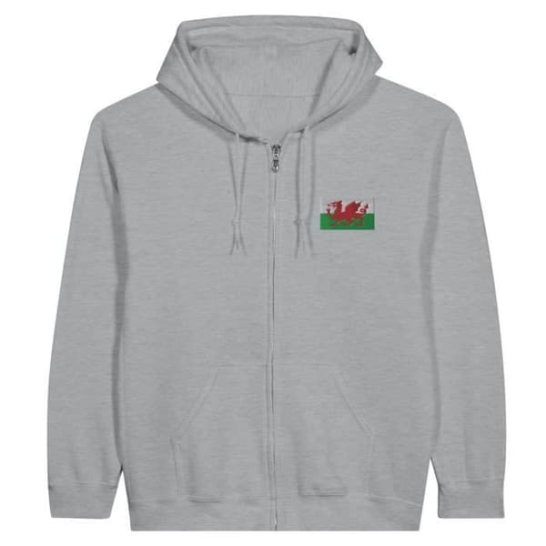 Huvtröja med dragkedja - Wales flagga - Grå - 73% polyester - 50% bomull - Unisex Grå M