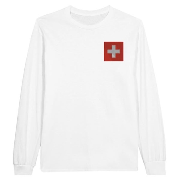 Langærmet t-shirt Schweizisk flag og våbenskjold broderi i Hvid Vit XXL