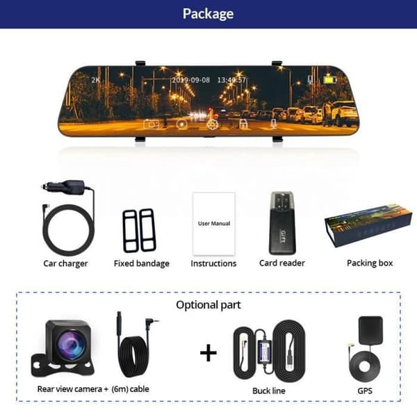 12 tommer Dash Cam, 2K Dvr + GPS Stream Media, Night Vision, Auto Recorder, Dual [3BCB2F6]