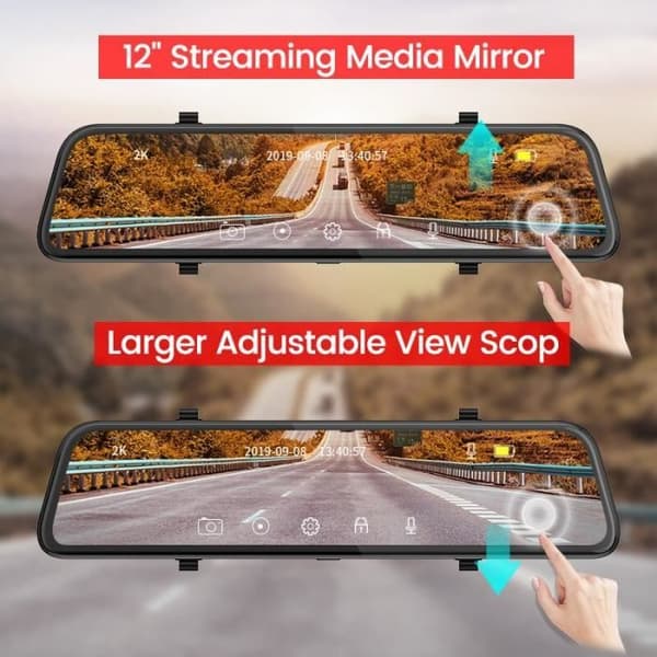 12 tommer Dash Cam, 2K Dvr + GPS Stream Media, Night Vision, Auto Recorder, Dual [3BCB2F6]