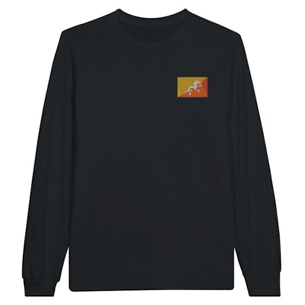 Bhutan Flag Broderi Langærmet T-Shirt i Sort Svart M