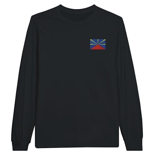 Langærmet T-shirt med broderet Reunion Island Flag i sort Svart XXL