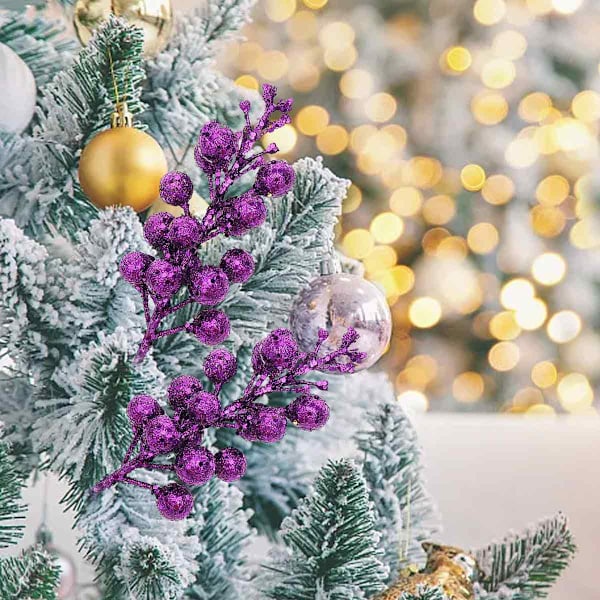Julglitterbärstjälkar, 20 cm konstgjorda juldekorationer för julgransprydnader, DIY julkrans, hantverk, helg- och heminredning Purple