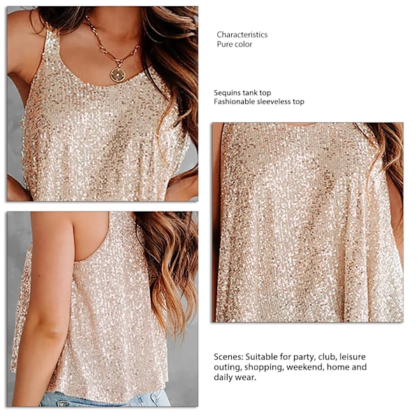 Dam Paljettlinne Ärmlös Festtopp Enfärgad Glitter Camisole för Fest Klubb Champagne L