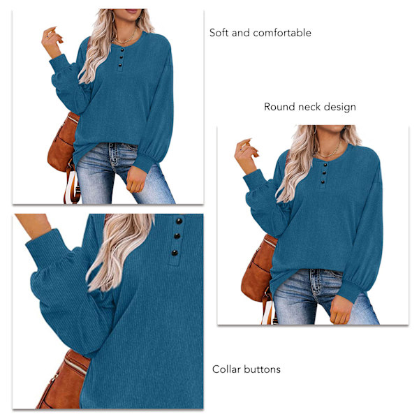 Dam Långärmad Topp Rund Hals Knapp Pullover Topp Dam Casual Lös Långärmad Blus Påfågelblå XL