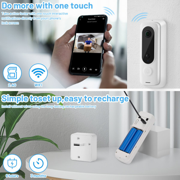 Smart Säkerhetsuppgradering: 2.4G WiFi Smart Video Dörrklocka Kamera, AI Människodetektering, Live View, 2-Vägs Interaktiv Ljudkommunikation, Mörkerseende,