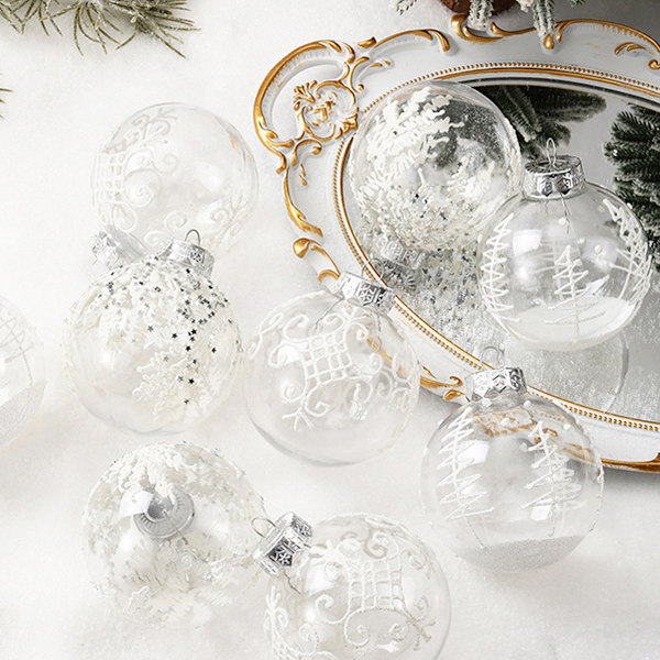 Genomskinliga Julgranskuleprydnader 9 st Julgransprydnadsset Jul-tema Mönsterboll för Julgransdekoration Plast snow-white