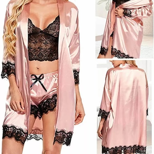 4 st Kvinnor Spets Satin Pyjamas Set Silkeslen Sommardräkt Mjukt Andningsbart Is-silke Tyg V-ringad Nedvikt Krage Rosa XL