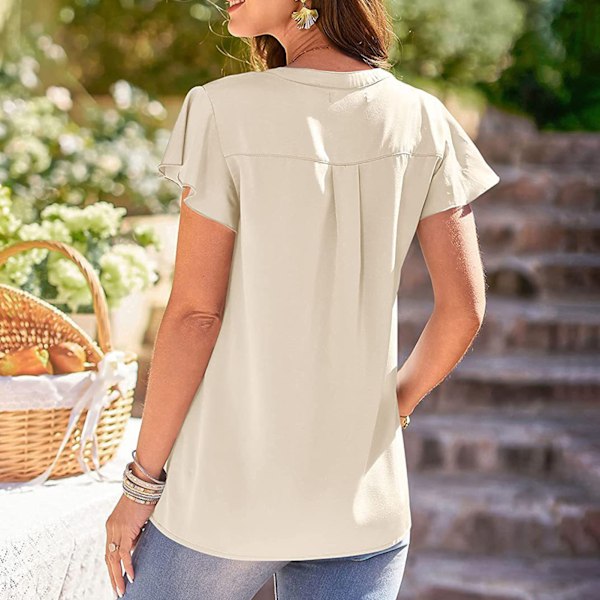Dam V-ringad Kortärmad Satinskjorta Sommar Mode Casual Enfärgad Lös Volang Kortärmad Blus Champagne XXL