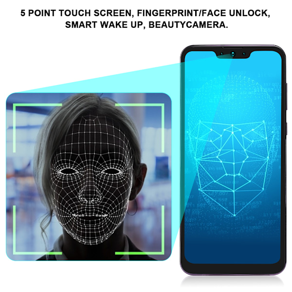 MIQOO Mate39 6,7 tum Ansiktsupplåsning Dubbla SIM-kort Dubbel Standby Quad Core 6+64G Smartphone Lila för Android 100-240V