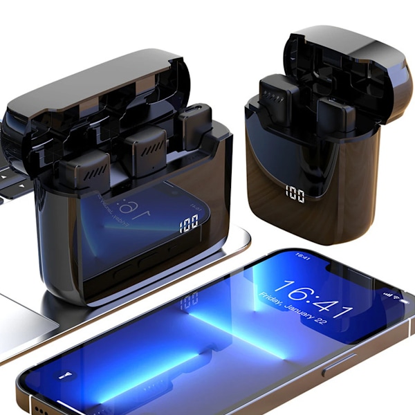 Högpresterande mikrofonkit, trådlösa lavaliermikrofoner med laddningsfodral, brusreducering för kristallklart ljud, Plug-And-Play minimikrofon,