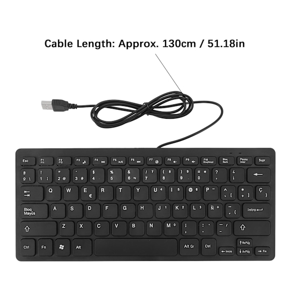 78 Tangenter Språk Ultratunt Tangentbord Plug and Play Stänksäkert USB-Kabelanslutet Kompakt Tangentbord för Engelska Tvåspråkiga Användare Spanska (QWERYU Layout)