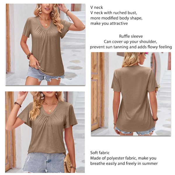 Sommartopp för Kvinnor, Ledig Kort Volangärm Rynkad Byst V-ringad T-shirt för Damer Khaki S