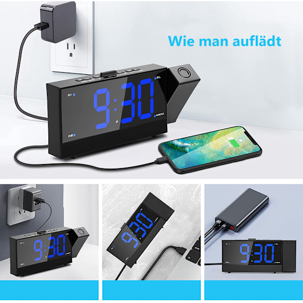 Digital Väckarklocka för Sovrum, Takprojektionsväckarklocka med 180° Rotation, Dubbel Väckarklocka för Tunga Sovare, Batteribackup, USB-Telefon