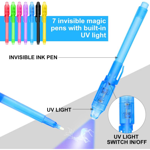 Osynlig bläckpenna, spionpenna med UV-ljus magisk markör barnpennor för hemligt meddelande och som fyllning i partygodsaksväska