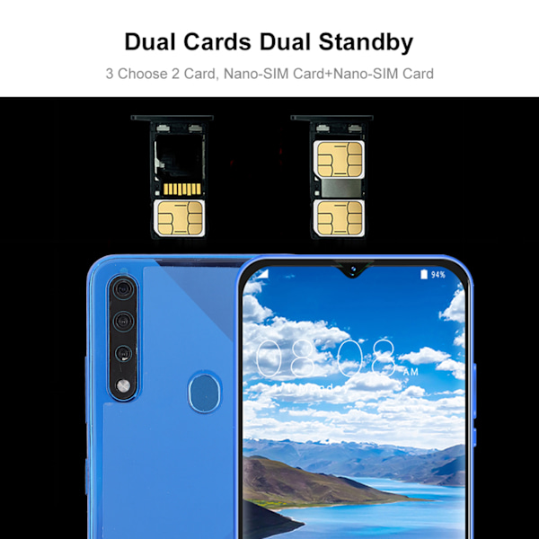 Nowa6pro Ansiktsigenkänning Fingeravtrycksupplåsning 6,5 tums Skärm 1440x3040 Dubbla Kort Dubbel Standby Smartphone 6+128G Blå 100‑240V