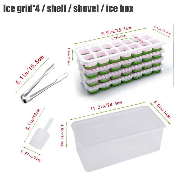 Isbitsform med Lock och Behållare, 4-pack Silikon Plast Isbitsformar för Frysen med Isbox, Stapelbar Isbitsform med Förvaringskit för Is Green