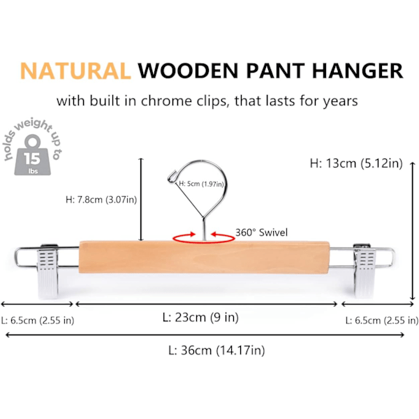 Set med 10 naturliga trägalgar 36 cm, för byxor kjolar strumpor underkläder, halkfri galge med klämmor