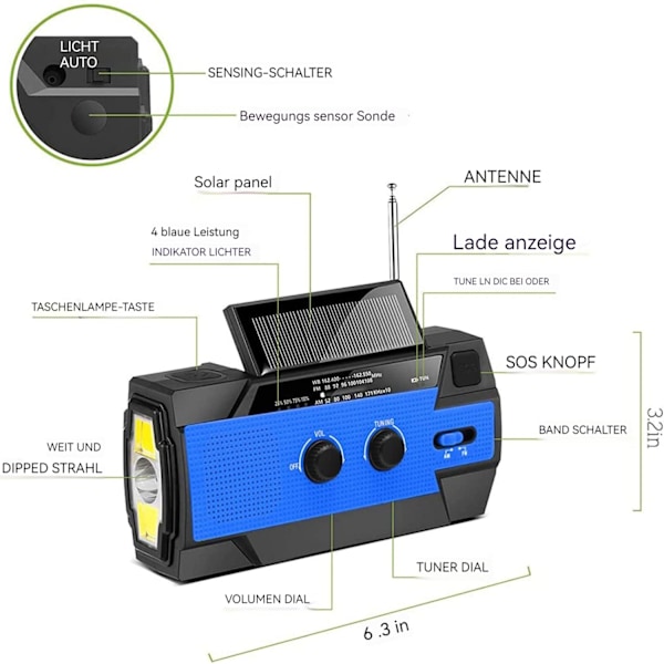 Nödkraftcentral, Nödvev Radio Solcell, Portabel AM FM NOAA Väderradio, 1W Ficklampa, Mobiltelefonladdare, SOS-larm, 4000mAh
