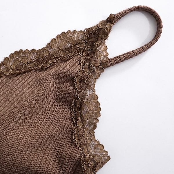 Kort Tank Top för Kvinnor V-ringad Spetsdetalj Spaghettiband Slim Fit Ärmlös Sommarväst Brun S
