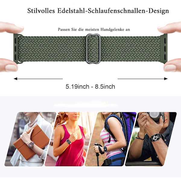Elastiskt flätat armband i nylon kompatibelt med Apple Watch, högkvalitativt återvunnet polyamidmaterial, enkel installation för kvinnor och män (mörk oliv)