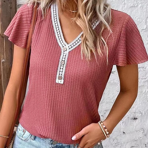 Dam Ruffle Kort Ärm Spets V-ringning Söt Knapp Enfärgad Trendig Casual Blus för Fest Shopping Kontor Rosafärgad L