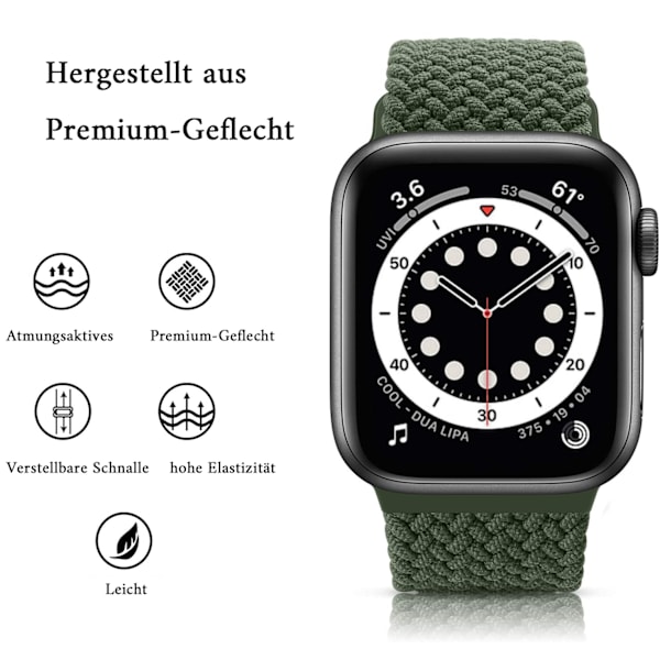Elastiskt flätat armband i nylon kompatibelt med Apple Watch, högkvalitativt återvunnet polyamidmaterial, enkel installation för kvinnor och män (mörk oliv)